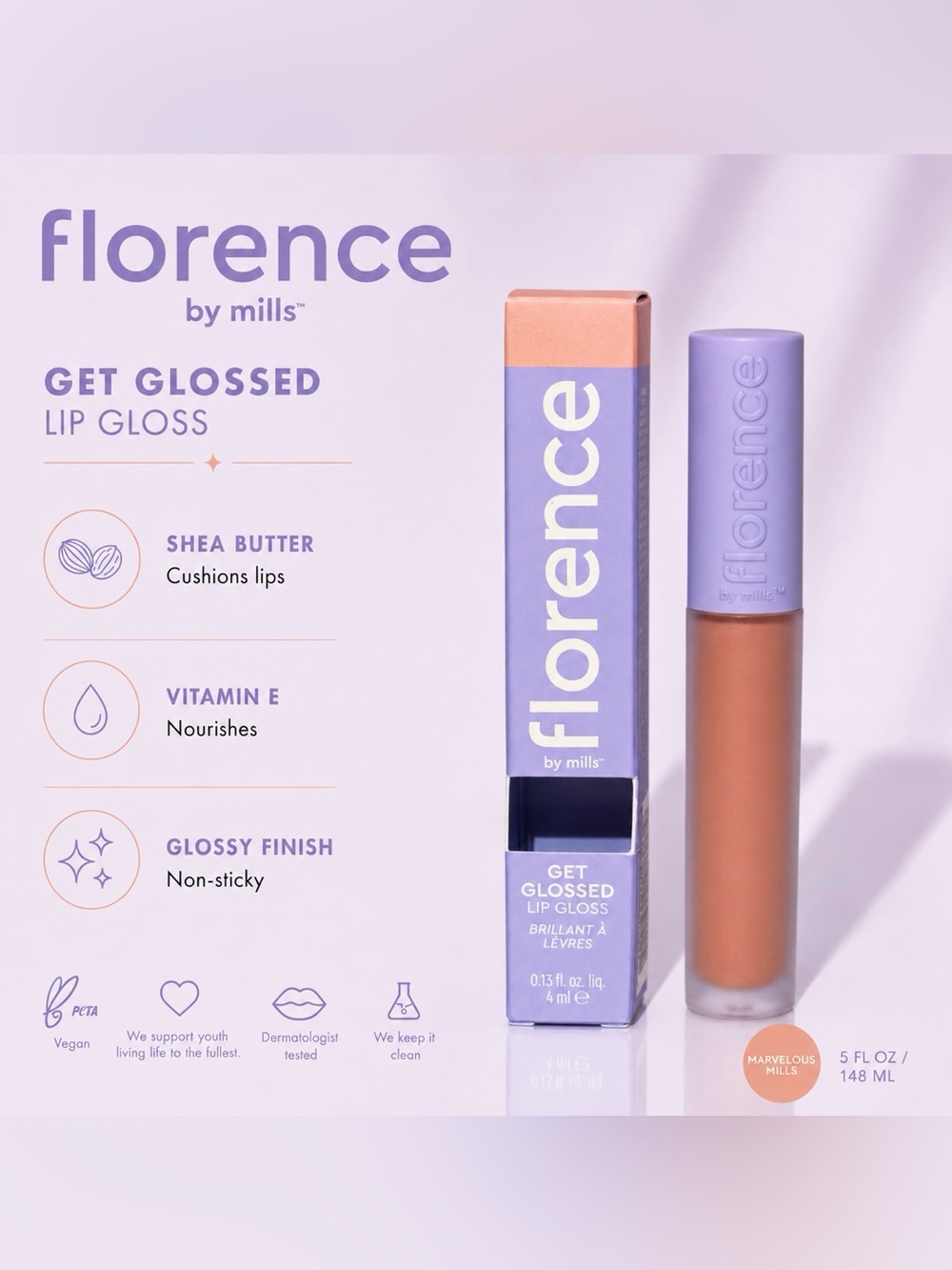 NEW/NIB Florence by Mills Get Glossed Lip Gloss – Marvelous Mills (Peach)
